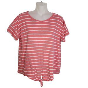 Talbots Petite Womens T Shirt LP Large Linen Striped Front Tie Short Sleeve Pink